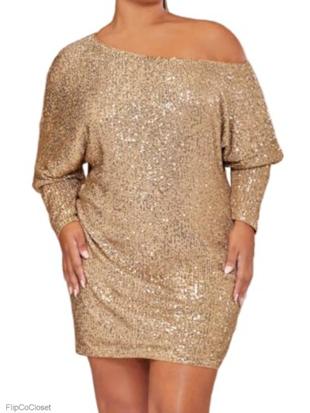 Sequin Bodycon Party Dress Asymmetrical Neck Batwing Sleeve Long Sleeve